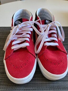 Vans Sk8-Mid sneaker black/pink/red canvas/suede. w7/m5.5. In box, worn once.